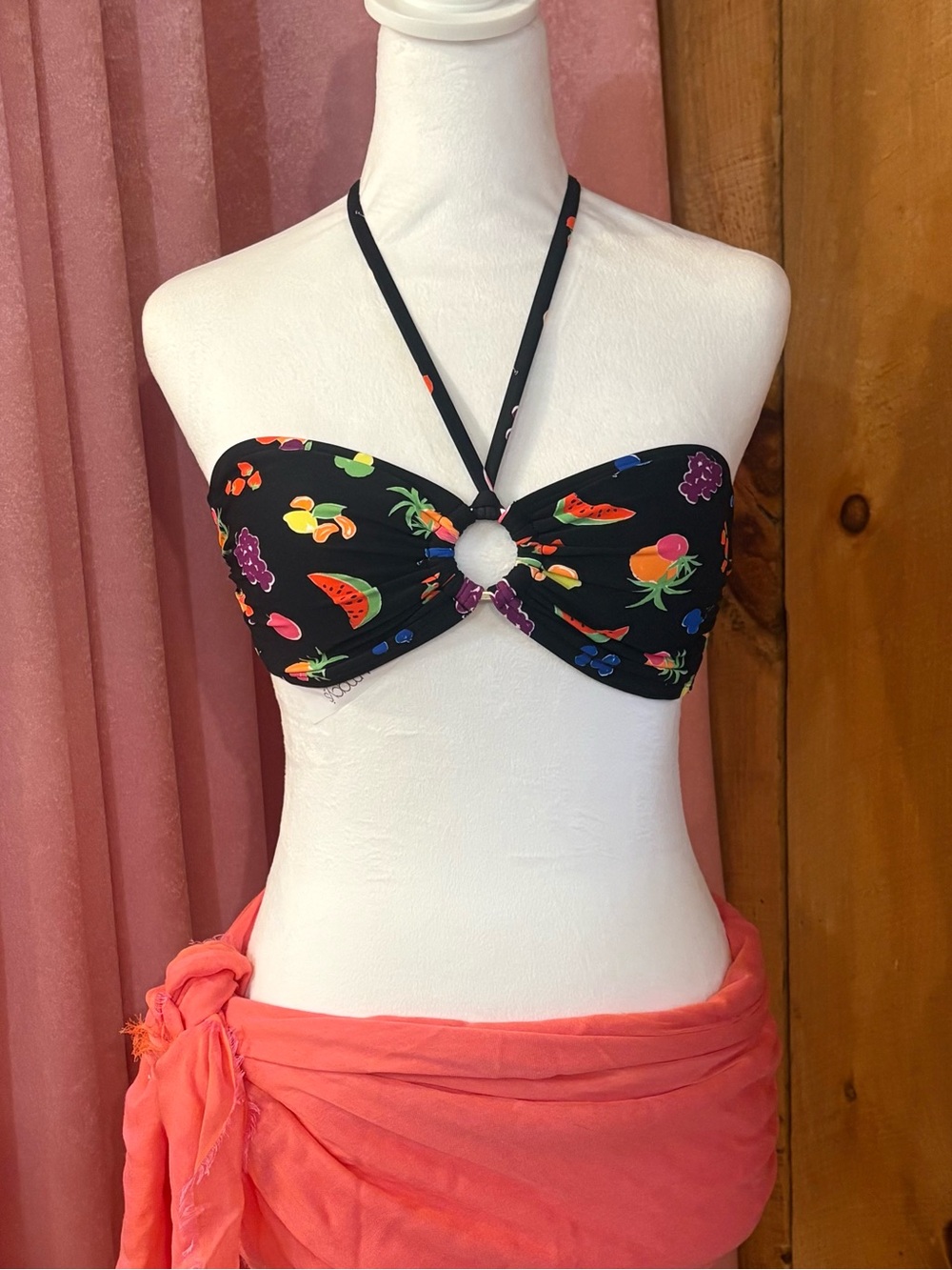 Kate Spade Black Fruit Print Bandeau Bikini Top with Ring Detail- XS